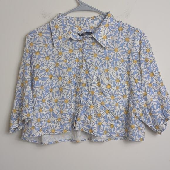 Zara Daisy Flower Novelty Cropped Button Down Top Medium - Picture 8 of 8